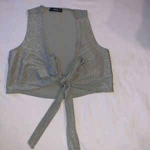 Sage green sparkly stretch front tie top